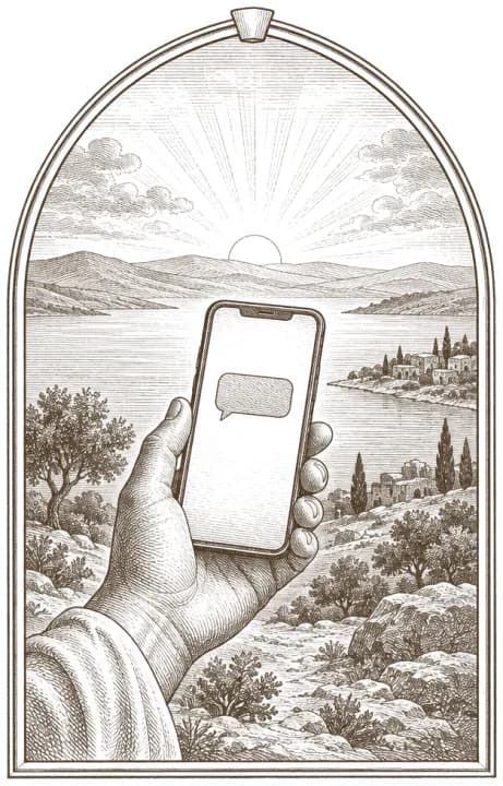 Gravura de uma mão segurando o celular com uma mensagem, ao nascer do sol na Galileia