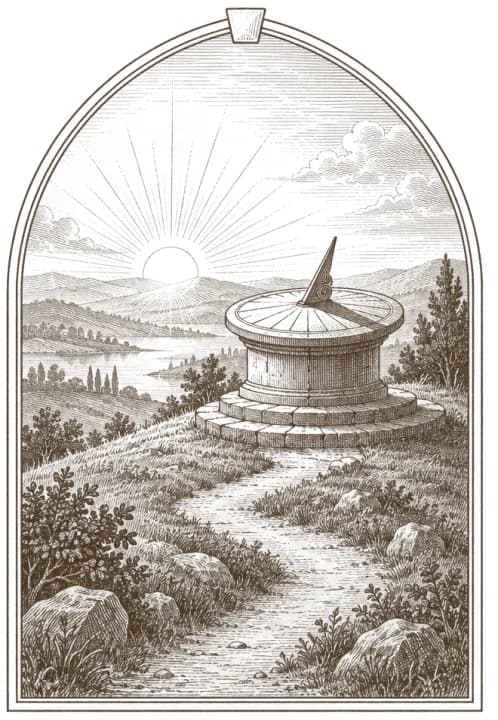 Gravura de um relógio de sol numa colina, ao amanhecer